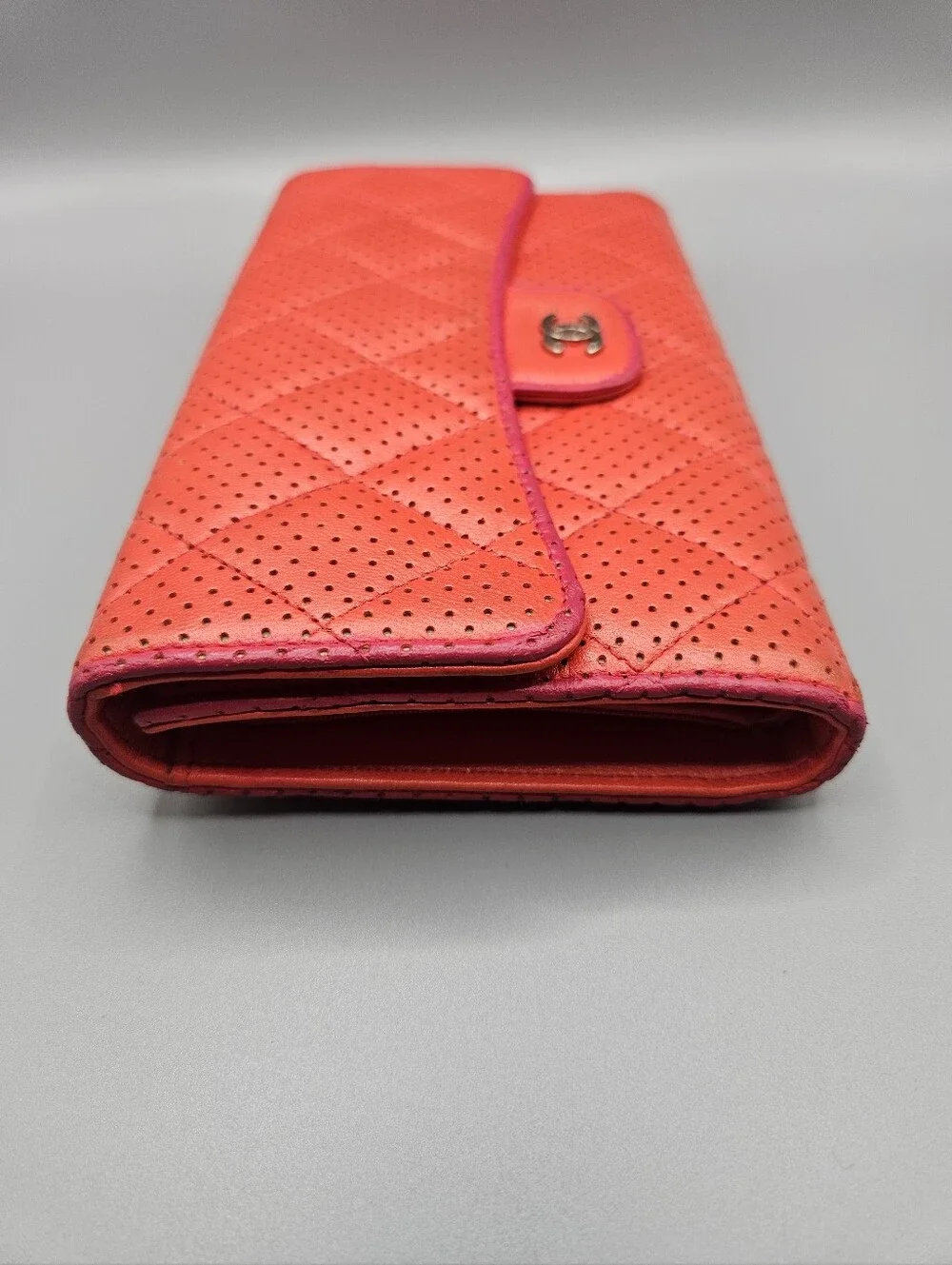🌺Chanel Authentic Quilted Perforated Coral Red Leather Wallet/Clutch🌺